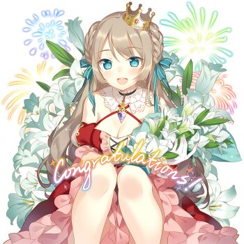 Rule 34 | 1girl, aqua eyes, bare legs, braid, breasts, brown hair, cleavage, commentary request, cross-laced collar, crown, dress, fireworks, frilled dress, frills, hair between eyes, jewelry, lidelle esquire, long hair, medium breasts, mini crown, necklace, off shoulder, open mouth, red dress, rie (reverie), sitting, thighhighs, uchi no hime-sama ga ichiban kawaii, very long hair, zettai ryouiki