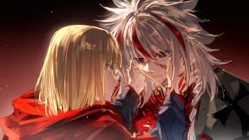 1boy 1girl alter_servant blonde_hair blue_eyes braid command_spell commentary_request fate/strange_fake fate_(series) glasses gradient_background hands_on_another's_cheeks hands_on_another's_face highres machikokom43502 medium_hair multicolored_hair red_background red_streaks richard_i_(fate) sajou_ayaka_(fate/strange_fake) single_braid streaked_hair