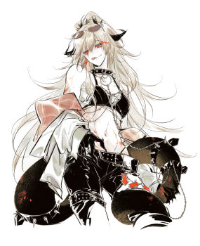 1girl :d absurdres animal_collar belt bikini bikini_top_only black_belt black_bikini black_hands black_pants blonde_hair blood blood_splatter brown-tinted_eyewear chain chain_leash claws collar colored_extremities commentary cropped_legs cross cross_earrings earrings english_commentary eyewear_on_head high_ponytail highres holding_own_tail horn_ornament horns jacket jewelry leash long_hair looking_down looking_to_the_side mitsukyou navel off_shoulder official_alternate_costume open_clothes open_jacket open_mouth pants path_to_nowhere ponytail red_eyes scar scar_across_eye scar_on_face simple_background slit_pupils smile solo spiked_collar spikes stomach strapless studded_belt sunglasses swimsuit synex_(path_to_nowhere) tail tail_around_own_leg tinted_eyewear toned toned_female tongue tongue_out tube_top very_long_hair white_background white_jacket white_tube_top