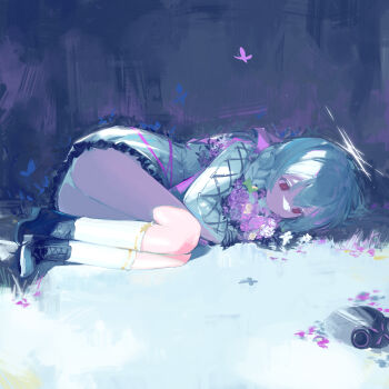 1girl absurdres atsuko_(blue_archive) black_shoes black_skirt blue_archive bouquet commentary flower gohanduck halo highres holding holding_bouquet jacket kneehighs lying no_pupils on_side panties purple_flower red_eyes shoes skirt sneakers socks solo underwear white_hair white_halo white_jacket white_panties white_socks