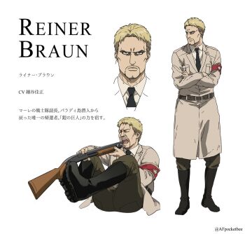 Rule 34 | 1boy, armband, artist name, belt, black boots, black necktie, blonde hair, boots, brown belt, brown coat, character name, closed eyes, closed mouth, coat, commentary, english commentary, facial hair, green pants, gun, holding, holding gun, holding weapon, imminent suicide, lapels, male focus, multiple views, necktie, notched lapels, open mouth, pants, parody, pocketbee, pump action, red armband, reiner braun, shingeki no kyojin, short hair, shotgun, simple background, standing, translation request, tvfilthyfrank, twitter username, weapon, white background