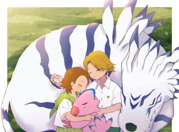 Rule 34 | 1boy, 1girl, akrud885, blonde hair, brown hair, collared shirt, couple, digimon, digimon (creature), digimon adventure 02, garurumon, happy, ishida yamato, piyomon, shirt, short sleeves, sleeping, smile, takenouchi sora, white shirt