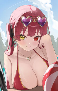 1girl ball beachball bikini black_ribbon blue_sky breasts cleavage cloud cloudy_sky day eyewear_on_head hair_ribbon heart heart-shaped_eyewear heart_necklace heterochromia highres hololive houshou_marine houshou_marine_(summer) jewelry kurushiro1102 large_breasts looking_at_viewer necklace outdoors poolside purple-tinted_eyewear red_bikini red_eyes red_hair ribbon sky solo swimsuit tinted_eyewear virtual_youtuber yellow_eyes
