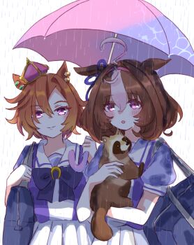 2girls ahoge animal_ears blush bow brown_hair commentary_request cowboy_shot crown ear_ribbon looking_at_viewer medium_hair meisho_doto_(umamusume) mini_crown mokuroo multicolored_hair multiple_girls orange_hair purple_eyes purple_ribbon purple_shirt rain ribbon sailor_collar school_uniform shirt short_hair short_sleeves skirt smile streaked_hair t.m._opera_o_(umamusume) tanuki tracen_school_uniform umamusume umbrella white_hair white_sailor_collar white_skirt
