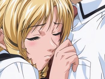 1boy 1girl 2001 animated animated_gif bible_black bible_black_night_of_the_walpulgiss blonde_hair blush closed_eyes drill_hair drill_sidelocks hug long_hair minase_taki necktie red_necktie school_uniform shiraki_rika sidelocks suspenders tagme