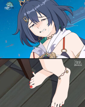 absurdres crying highres hink_(hinkctm) honkai:_star_rail honkai_(series) pain red_nails stubbing_toe table toes yunli_(honkai:_star_rail)
