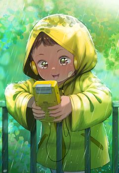 1girl bandaid bandaid_on_cheek bandaid_on_face blush born-to-die brown_eyes brown_hair commentary english_commentary game_boy handheld_game_console headphones highres holding holding_handheld_game_console hood hooded_jacket jacket nintendo open_mouth original playing_games rain raincoat short_hair smile solo teeth wet_jacket yellow_jacket