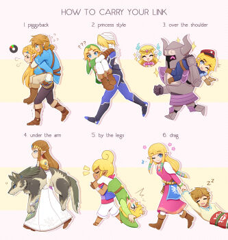 >_< ^_^ armor blonde_hair blunt_bangs boots brown_hair carrying carrying_over_shoulder carrying_under_arm closed_eyes dark-skinned_female dark_skin dragging dress english_text enni gameplay_mechanics green_tunic highres link multiple_persona nintendo phantom_(zelda) piggyback princess_carry princess_zelda reverse_princess_carry scarf sheik smile speech_bubble tetra the_legend_of_zelda the_legend_of_zelda:_breath_of_the_wild the_legend_of_zelda:_ocarina_of_time the_legend_of_zelda:_skyward_sword the_legend_of_zelda:_spirit_tracks the_legend_of_zelda:_the_wind_waker the_legend_of_zelda:_twilight_princess tiara toon_link toon_zelda tunic wolf wolf_link
