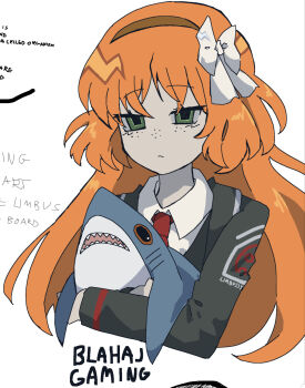 1girl black_jacket bow collared_shirt cropped_torso dress_shirt green_eyes hair_bow hairband highres hugging_object ikea_shark ishmael_(project_moon) jacket kotori_trinity limbus_company long_hair necktie orange_hair project_moon red_necktie shirt solo stuffed_animal stuffed_shark stuffed_toy very_long_hair white_shirt