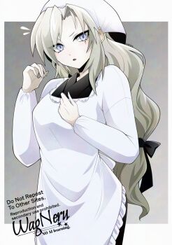 Rule 34 | 1girl, blue eyes, blush, commentary request, dress, fate/grand order, fate (series), grey hair, highres, kriemhild (fate), long hair, looking at viewer, open mouth, signature, solo, wagu neru, watermark, white dress