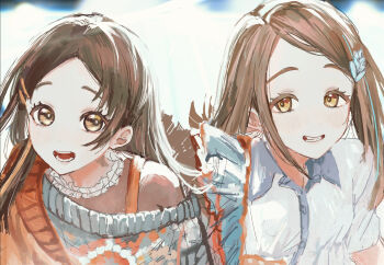 Rule 34 | 2girls, blonde hair, blue shirt, blue streaks, blue sweater, breasts, brown eyes, brown hair, collared shirt, colored eyelashes, commentary request, earrings, frilled shirt collar, frills, gakuen idolmaster, hair ornament, hairclip, idolmaster, jewelry, kuramoto china, laurels, leaf hair ornament, light blush, long hair, looking at viewer, michinaru hirogaru (idolmaster), multicolored hair, multiple girls, open mouth, orange eyes, orange streaks, orange sweater, parallel hairclips, parted bangs, rasep, shinosawa hiro, shirt, small breasts, smile, streaked hair, stud earrings, sweater, swept bangs, upper body