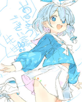 1girl arona_(blue_archive) blue_archive blue_eyes blue_hair blush bow_hairband braid commentary_request gorirago hairband halo highres long_sleeves looking_at_viewer multicolored_hair open_mouth pink_hair sailor_collar school_uniform serafuku shoes short_hair side_braid skirt sneakers solo speech_bubble teeth translation_request upper_teeth_only white_hairband white_sailor_collar white_shoes white_skirt