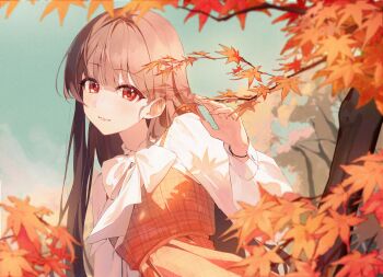 1girl autumn autumn_leaves blue_sky bow bowtie brown_hair closed_mouth commentary day dress hand_up highres leaf long_hair long_sleeves looking_at_viewer maple_leaf orange_dress original outdoors plaid_clothes plaid_dress red_eyes shiina_1001 shirt sky smile solo symbol-only_commentary tree upper_body white_bow white_bowtie white_shirt