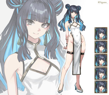 1girl absurdres bare_shoulders black_hair blue_hair breasts china_dress chinese_clothes colored_inner_hair commentary_request covered_navel double_bun dress earrings eyeliner fate/grand_order fate_(series) full_body gold_trim grey_eyes hair_bun highres jewelry long_hair looking_at_viewer makeup multicolored_hair multiple_views pelvic_curtain shibao_aoyama side_slit sidelocks small_breasts smile tassel tassel_earrings tenochtitlan_(fate) white_dress wrist_cuffs zoom_layer