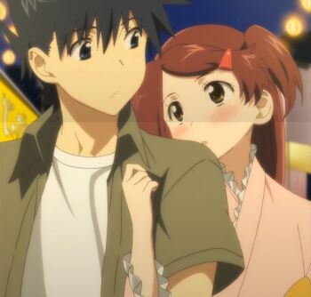 1boy 1girl alternate_hairstyle arm_hug blue_eyes blue_hair blush brown_hair hair_ribbon highres japanese_clothes kimono kissxsis long_hair looking_at_another parted_lips pointy_hair ribbon shirt short_hair stitched suminoe_ako suminoe_keita surprised third-party_edit tongue twintails yellow_eyes