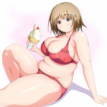 Rule 34 | 1girl, bikini, breasts, brown eyes, brown hair, cleavage, fat, fat woman, hair ornament, highres, idolmaster, idolmaster cinderella girls, large breasts, mahira (pixiv174324), mimura kanako, plump, short hair, sitting, smile, solo, swimsuit