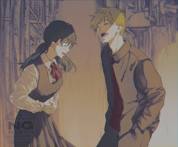1boy 1girl black_hair blonde_hair bow chainsaw_man denji_(chainsaw_man) gakuran hands_in_pockets highres japanese_clothes laughing mitaka_asa ponytail raibellchiori red_bow school_uniform smile watermark
