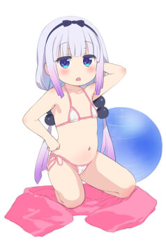 1girl absurdres ball bare_shoulders beads bikini black_hairband blue_eyes blush cameltoe exercise_ball full_body gradient_hair hair_beads hair_ornament hairband highres kanna_kamui kneeling kobayashi-san_chi_no_maidragon loli long_hair looking_at_viewer low_twintails micro_bikini multicolored_hair navel open_mouth pink_hair saeki_tatsuya side-tie_bikini_bottom sidelocks simple_background solo sphere_hair_ornament swimsuit twintails white_background