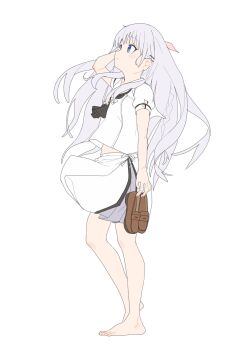 1girl 4uys barefoot blue_eyes braid commentary_request from_side full_body hair_ornament hairpin hand_in_own_hair hand_up highres holding holding_shoes holding_unworn_clothes loafers long_hair looking_up midriff_peek miniskirt naruse_shiroha school_uniform shirt shoes short_sleeves simple_background skirt solo summer_pockets summer_pockets_school_uniform unworn_shoes white_background white_hair white_shirt white_skirt