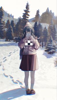 Rule 34 | 1girl, beanie, braid, brown hair, brown shoes, closed eyes, covering own mouth, footprints, hashtag-only commentary, hat, highres, loafers, long sleeves, madotsuki, madproject6, mittens, pink hat, pink sweater, pom pom (clothes), pom pom beanie, purple skirt, scarf, shoes, skirt, snow, socks, solo, sweater, tree, twin braids, white mittens, white socks, yume nikki