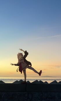 &gt;_&lt; 1girl absurdres backlighting blue_sky double_v dress gradient_sky hair_ornament highres horizon jacket leaning_to_the_side ocean open_clothes open_jacket orange_sky outdoors protected_link purple_dress purple_hair purple_thighhighs shoes short_dress short_hair_with_long_locks sidelocks signature sky smile solo standing standing_on_one_leg sunset thighhighs tororo_mochimochi v vocaloid voiceroid yuzuki_yukari