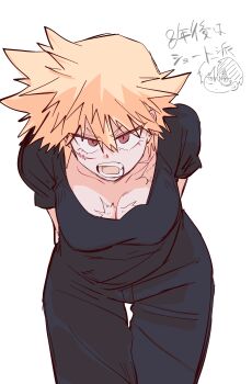 1boy 1girl absurdres bakugou_katsuki bibiri_(r42r98r) black_pants black_shirt blonde_hair boku_no_hero_academia breasts chibi chibi_inset cleavage closed_mouth commentary_request dot_mouth furrowed_brow genderswap genderswap_(mtf) highres jitome leaning_forward multiple_scars open_mouth pants red_eyes sanpaku scar scar_on_chest scar_on_face shirt short_sleeves shouting simple_background solo_focus standing todoroki_shoto translation_request tsurime white_background