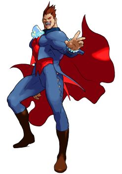 Rule 34 | 1boy, absurdres, ascot, bengus, boots, brown boots, brown hair, cape, collar, darkstalkers, demitri maximoff, evil grin, evil smile, full body, game cg, grin, highres, jacket, looking at viewer, male focus, non-web source, official art, outstretched arm, red eyes, sharp teeth, simple background, smile, solo, teeth, vampire, vampire savior: the lord of vampire, white ascot, white background