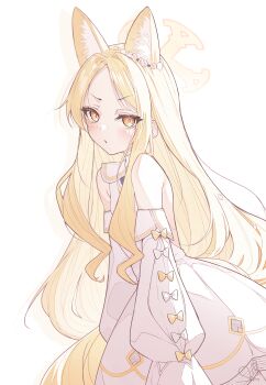 Rule 34 | 1girl, :/, absurdres, animal ear fluff, animal ears, blonde hair, blue archive, blush, commentary, detached sleeves, dress, extra ears, fox ears, halo, highres, long hair, looking at viewer, seia (blue archive), sideless dress, simple background, solo, straight hair, tachibana shiori (suica 112), v-shaped eyebrows, very long hair, white background, white dress, yellow eyes