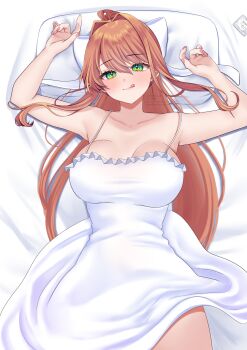 1girl :q armpits bed_sheet blush breasts collarbone commentary commission doki_doki_literature_club dress english_commentary fingernails green_eyes hair_intakes highres large_breasts looking_at_viewer lying mi_tarou0412 monika_(doki_doki_literature_club) on_back orange_hair paid_reward_available pillow sleeveless sleeveless_dress smile solo sundress tongue tongue_out watermark white_dress