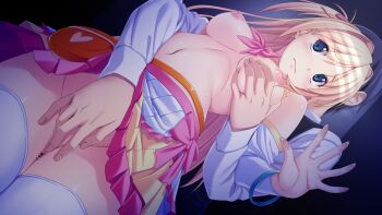 10s 1boy 1girl blonde_hair blue_eyes blush breasts censored fingering game_cg grabbing_another's_breast groping hetero highres kagurazaka_namine koutaro long_hair mosaic_censoring navel nipples protagonist_(tropical_vacation) tropical_kiss tropical_vacation twinkle_(company)