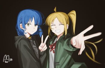 2girls absurdres ahoge blue_hair bocchi_the_rock! commentary haidao_mao hair_between_eyes hand_up highres hood hoodie ijichi_nijika looking_at_viewer multiple_girls ponytail simple_background smile upper_body watermark yamada_ryo