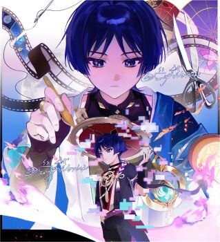 Rule 34 | 2boys, anemo symbol (genshin impact), aqua gemstone, arm at side, armor, black bodysuit, black border, black bridal gauntlets, black kimono, black shorts, black sleeves, blue cape, blue kimono, blue sky, blue sleeves, blunt ends, bodysuit, border, bridal gauntlets, burning, burning paper, cape, closed mouth, cnorkie, dual persona, expressionless, eyeliner, eyeshadow, film strip, fire, frilled sleeves, frills, full moon, gem, genshin impact, glitch, gold, gold ring, hair intakes, hand up, hat, highres, holding, japanese armor, japanese clothes, jewelry, jingasa, juban, kimono, kote, kurokote, layered sleeves, looking at another, looking down, looking to the side, makeup, mandarin collar, middle ring, mitsudomoe (shape), moon, multiple boys, neck ring, needle, night, oil-paper umbrella, open clothes, open kimono, purple eyes, purple hair, purple pupils, purple rope, purple sash, purple sleeves, purple umbrella, red eyeliner, red eyeshadow, red hat, red kimono, red umbrella, rope, sash, scaramouche (genshin impact), scissors, sewing needle, shimenawa, short sleeves, shorts, shoulder peek, sky, tassel, thread, tomoe (symbol), tsurime, twitter username, umbrella, wanderer (genshin impact), wax stamp, white kimono, white rope, white sleeves, white trim, wispy bangs