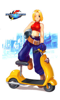 1girl archived_source baggy_pants bare_arms bare_shoulders belt belt_buckle blonde_hair blue_eyes blue_gloves blue_mary blue_pants blush bob_cut breasts brown_belt brown_shoes buckle collared_shirt commentary_request copyright_name crop_top cropped_shirt english_text fatal_fury full_body gloves halterneck hand_on_own_hip happy helmet holding holding_unworn_helmet korean_commentary large_belt looking_to_the_side loose_belt medium_breasts midriff milktea_(aoiexk) motor_vehicle motorcycle_helmet multiple_belts one_eye_closed pants parted_bangs photo_background photoshop_(medium) red_shirt scooter shadow shirt shoes short_hair simple_background sleeveless sleeveless_shirt smile snk solo split_mouth straight_hair the_king_of_fighters the_king_of_fighters_2001 tight_clothes tight_shirt unworn_headwear unworn_helmet vespa wheel