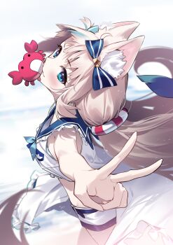 Rule 34 | 1girl, absurdres, animal ear fluff, animal ears, beach, blonde hair, blue bow, blue eyes, blue hair, blue sailor collar, bow, cat ears, commentary, day, dress, fins, fish girl, fish tail, frilled shirt collar, frills, hair bow, highres, indie virtual youtuber, long hair, looking at viewer, low twintails, mouth hold, multicolored hair, outdoors, outstretched arm, sailor collar, sameko saba, short shorts, shorts, sleeveless, sleeveless dress, solo, streaked hair, tail, twintails, v, very long hair, virtual youtuber, white dress, white shorts, yaguo
