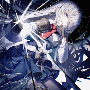 Rule 34 | 1girl, arcaea, black background, black gloves, black thighhighs, blue dress, blue hair, commentary, commission, cowboy shot, dress, english commentary, evil smile, gloves, gradient background, gradient hair, grey eyes, grey hair, highres, insight (arcaea), long sleeves, looking at viewer, miyu (miy u1308), multicolored hair, necktie, red necktie, shirt, smile, solo, thighhighs, white background, white shirt