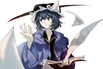 1other androgynous black_eyes black_hair black_hat black_shirt blood book buttons closed_mouth collared_shirt commentary detached_hood english_commentary expressionless floating_paper frilled_headwear frown hair_between_eyes hat highres holding holding_book hood hood_down hooded_jacket jacket len&#039;en long_sleeves looking_at_hand mob_cap open_book open_clothes open_jacket other_focus outstretched_hand paper_cut purple_jacket shirt shitodo_kuroji short_hair simple_background slashing solo triangular_headpiece upper_body white_background wide_sleeves yancao_(pixiv_103434280) zipper zipper_pull_tab