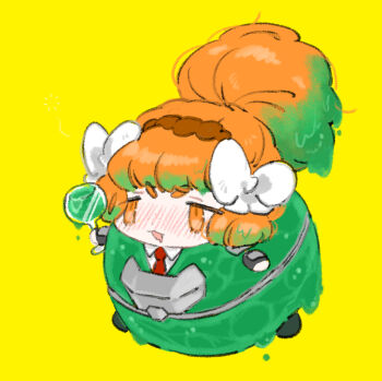 1girl absinthe armor bow brown_hairband chibi cup e.g.o_(project_moon) green_hair hair_bow hairband high_ponytail holding holding_cup ishmael_(project_moon) limbus_company long_hair necktie orange_eyes orange_hair plate_armor ponytail project_moon red_necktie rope sidelocks simple_background slime_(substance) sloshing_(e.g.o) solo uchimura_(rino0525) very_long_hair white_bow yellow_background