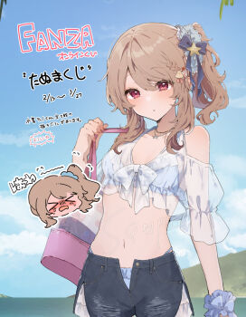 Rule 34 | bag, bikini, blue bikini, blush, bow, braid, brown hair, cloud, cloudy sky, commentary request, curly hair, frilled bikini, frills, hair bow, hair ornament, handbag, ikeuchi tanuma, jewelry, midriff, navel, necklace, original, pink nails, red eyes, sample watermark, scenery, see-through clothes, short shorts, shorts, side ponytail, sky, swimsuit, swimsuit under clothes, tino ashberry, translation request, upper body, water, watermark, wrist cuffs