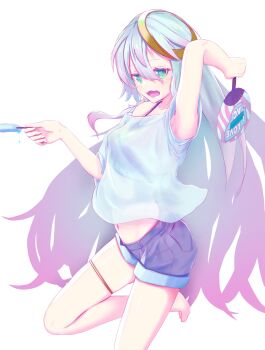 Rule 34 | 1girl, @ @, absurdres, armpits, commentary request, cybill (snack nili), food, gradient hair, green eyes, grey hair, hakusenn, hand fan, highres, holding, holding fan, holding food, holding popsicle, long hair, midriff, multicolored hair, navel, open mouth, paper fan, pink hair, popsicle, purple shorts, shirt, short sleeves, shorts, simple background, single bare shoulder, single off shoulder, snack nili, solo, thigh strap, uchiwa, virtual youtuber, white background, white shirt