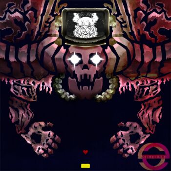 1girl 1other black_background crown demon demon_girl demon_horns evil_smile helltaker highres horns looking_down lucifer_(helltaker) monitor photoshop_flowey seireiart skeleton_(helltaker) skull smile soul_(deltarune) sparkling_eyes undertale utdr_(toby_fox)