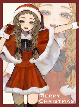 Rule 34 | 1girl, alternate costume, alternate hairstyle, braid, brown hair, commentary request, dress, eyelashes, gnosia, hair between eyes, hat, highres, hjm gn, kukrushka (gnosia), long hair, long sleeves, looking at viewer, low twin braids, santa costume, santa dress, santa hat, smile, solo, twin braids, wavy hair