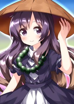 Rule 34 | 1girl, arm up, belt, black belt, black dress, black sleeves, blue background, blush, breasts, brown hair, brown hat, closed mouth, commentary, dress, gradient background, gradient hair, green background, hair between eyes, hand on headwear, hand up, hat, highres, hijiri byakuren, jewelry, long hair, looking to the side, medium breasts, multicolored hair, necklace, one-hour drawing challenge, pink background, purple background, purple eyes, purple hair, ruu (tksymkw), short sleeves, smile, solo, touhou, white dress