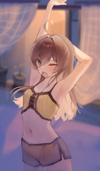 1girl ahoge armpits arms_up brown_hair brown_shorts camisole commentary corrupted_twitter_file cowboy_shot crop_top green_eyes hair_between_eyes highres hololive karyou_dayo long_bangs long_hair natsuiro_matsuri natsuiro_matsuri_(matsuri&#039;s_day_off) navel one_eye_closed open_mouth short_shorts shorts solo spaghetti_strap standing stomach stretching symbol-only_commentary virtual_youtuber waking_up yawning yellow_camisole