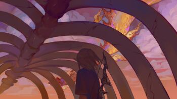 Rule 34 | 1boy, absurdres, blonde hair, blue shirt, bow (weapon), character request, check character, chinese commentary, cloud, commentary request, dinraal, dusk, floating hair, highres, lin09, link, male focus, nintendo, outdoors, shirt, short hair, short sleeves, skeleton, sky, the legend of zelda, upper body, weapon, weapon on back