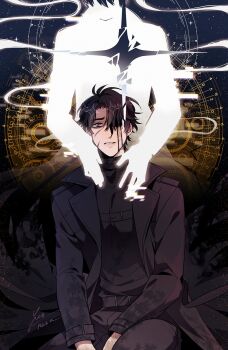 2boys bags_under_eyes black_coat black_eyes black_hair blood bloody_tears coat gears ginsan glitch hair_over_one_eye hand_on_another's_chest hands_on_lap highres kim_dokja looking_at_viewer male_focus multiple_boys omniscient_reader's_viewpoint open_clothes open_coat parted_lips popped_collar scar scar_on_face short_hair silhouette sitting smile star_map worried yoo_joonghyuk