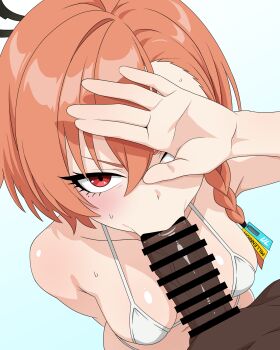 1boy 1girl :&gt;= bar_censor bikini blue_archive blue_background blush braid breasts censored commentary_request dark-skinned_male dark_skin erection fellatio hetero highres interracial large_breasts looking_at_viewer migikoba neru_(blue_archive) netorare oral orange_hair penis pov red_eyes solo_focus swimsuit white_bikini