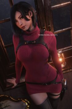 1girl 3d absurdres ada_wong arm_support black_boots black_hair boots chest_harness commentary cowboy_shot dress hair_behind_ear harness highres holster lamp lips long_sleeves looking_at_viewer patreon_username red_lips red_sweater resident_evil resident_evil_4 resident_evil_4_(remake) ria_(baka-neearts) ribbed_sweater short_hair solo sweater sweater_dress thigh_boots thigh_holster turtleneck turtleneck_sweater