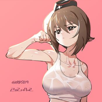 Rule 34 | 1girl, armpit crease, breasts, brown eyes, closed mouth, commentary request, cross, dated, garrison cap, girls und panzer, hat, iron cross, large breasts, looking to the side, nishizumi maho, pink background, sabum, shirt, short hair, simple background, solo, sweat, twitter username, upper body, wet, wet clothes, wet shirt
