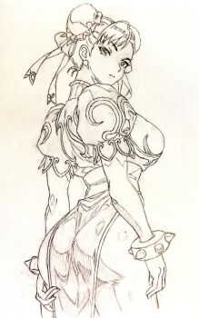 1girl absurdres ass bracelet breasts brown_eyes bun_cover capcom china_dress chinese_clothes chun-li double_bun dress graphite_(medium) hair_bun highres i4teruz jewelry pantyhose pelvic_curtain sash sketch solo spiked_bracelet spikes street_fighter thick_thighs thighs traditional_media