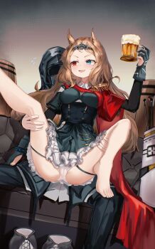 1boy 1girl absurdres alcohol archery_shooting_glove archetto_(arknights) arknights barefoot barrel beer beer_mug black_coat black_gloves black_skirt blue_eyes blush breasts brown_hair cameltoe cape coat commentary_request cup doctor_(arknights) drinking_glass epaulettes flying_sweatdrops frilled_skirt frills glass_mug gloves hetero heterochromia highres holding holding_cup hood hood_up hooded_coat hooded_jacket jacket large_variant_set long_hair male_doctor_(arknights) medium_breasts mizuhashi_parusui mug open_mouth panties partially_fingerless_gloves red_cape red_eyes shoes single_epaulette sitting sitting_on_lap sitting_on_person skirt underwear unworn_shoes variant_set white_panties